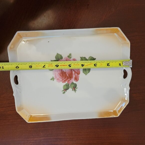 Vintage German Porcelain Tray With Pink Rose Design & Gold Accents - Picture 6 of 8
